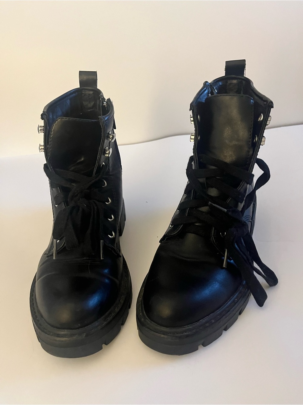 Madden Girl Black Lace-Up Platform Combat Boots with Metal Eyelets